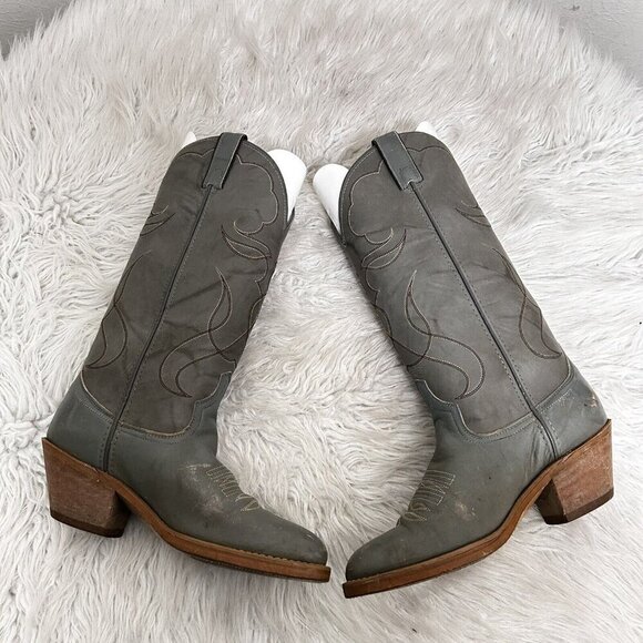 ACME Made in USA Gray Leather Western Cowboy Work Tall Rider Boots Men's 6.5 D - Picture 6 of 9